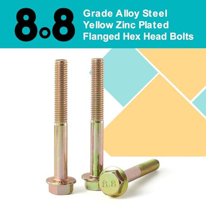 M10 x 70mm 6pcs Flanged Hex Head Bolts, M10 x 1.5 Bolts, Flange Hexagon Head Screws, 8.8 Grade Alloy Steel, Yellow Zinc Plated, Metric Half Thread - size: M10 x 70mm(6PCS)