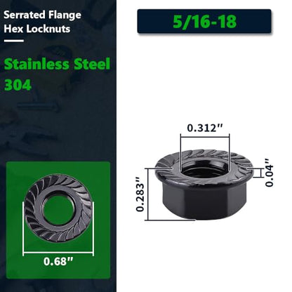 5/16-18 (12 Pack) Serrated Flange Hex Nuts, 304 Stainless Steel 18/8 Flange Nuts, UNC Coarse Thread Black Coated