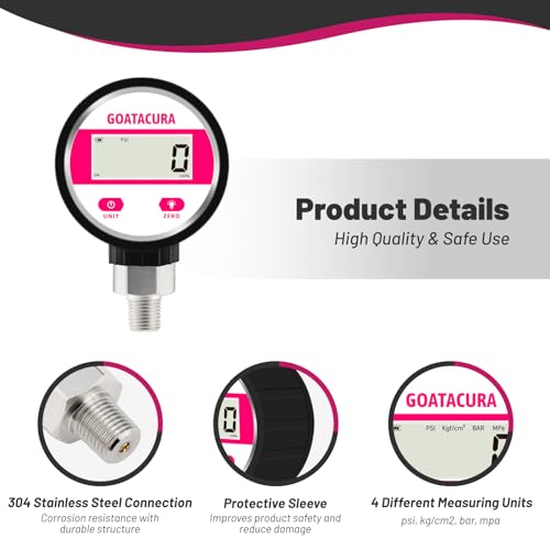 0-1000psi Digital Industrial Pressure Gauge, 2-1/2" Dial Size, 1/4" NPT Lower Mount, 304 Stainless Steel Case and Connection, 1% High Accuracy, with Protective Sleeve - size: 0-1000psi