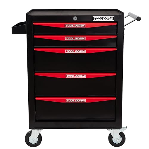 Rolling Tool Chest with Wheels, 5-Drawer Small Tool Cabinet, Metal Rolling Tool Box with Wheels and Locking System for Garage Warehouse Workshop Office Organizers and Storage (Black) - color: Black and Red-5