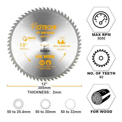 Hoteche 12-Inch Circular Saw Blade for Wood 60-Tooth Tungsten Carbide-Tipped Blade High-Performance Professioal Saw Blade for Miter Saw and Table Saws with 1-1/4-inch, 1-3/16-inch, 1-inch Arbor - size: 12-Inch, style: 60-Tooth