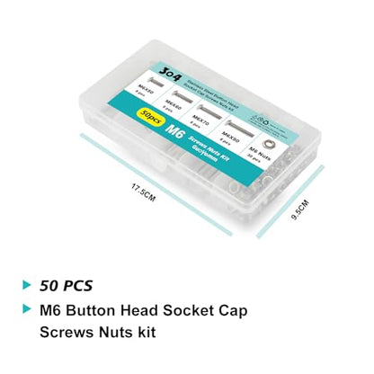 50PCS M6 x 50mm 60mm 70mm 80mm, Button Head Socket Cap Screws Bolts Nuts Kit, Stainless Steel 304, Metric Allen Hex Drive, Fully Threaded - size: Button M6x50/60/70/80mm