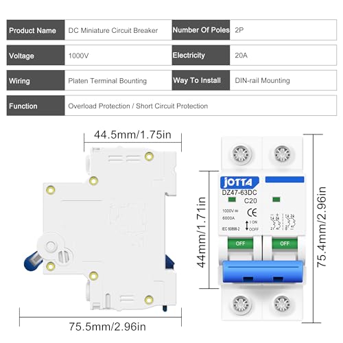 JOTTA DC Miniature Circuit Breaker,2 Poles 1000V for Solar PV System,Din Rail Installation (2 PCS 20A)