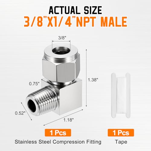 90°Elbow 3/8" OD Compression x 1/4" NPT Male Union Connector - size: 3/8"OD Compression x 1/4" NPT Male