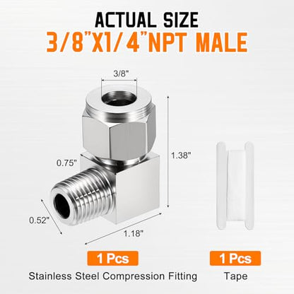 90°Elbow 3/8" OD Compression x 1/4" NPT Male Union Connector - size: 3/8"OD Compression x 1/4" NPT Male