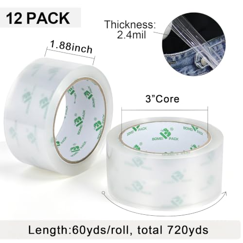 BOMEI PACK 12 Rolls Clear Packing Tape Rolls with Free Dispenser, Heavy Duty Refill Tape for Shipping Moving and Packaging, 2.4Mil 1.88 Inch x 60 Yard - color: Clear, size: 2.4mil x 60yds