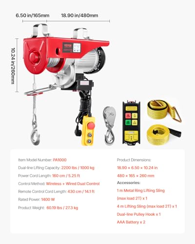 VEVOR Electric Hoist, 2200 lbs 120V Electric Winch with 328 ft Wireless & 14 ft Wired Remote Control, 40 ft Single Cable Lifting Height, Single/Double Slings, Lift Hoist for Garage Warehouse Factory - size: 2200LBS Wireless/Wired