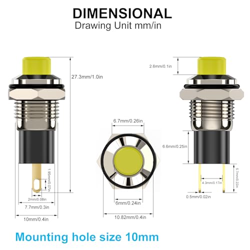 Push Button Switch, Self Locking Mini Switches Latching 10mm Round DC24V 0.5A Yellow Cap 5PCS - style: Yellow