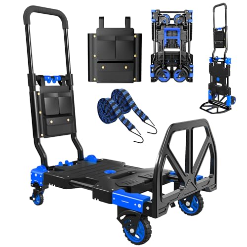Folding Hand Truck, 2 in 1 Portable Heavy Duty Carrying Moving Dolly Cart with 4 Foldable Wheels and Retractable Handle Duty 330lbs (Blue) - color: Blue-c