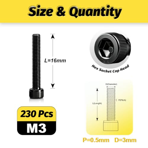 KADRICK 230PCS M3 x 16mm Hex Socket Head Cap Screws, M3-0.5 Fully Threaded - size: M3x16MM 230PCS