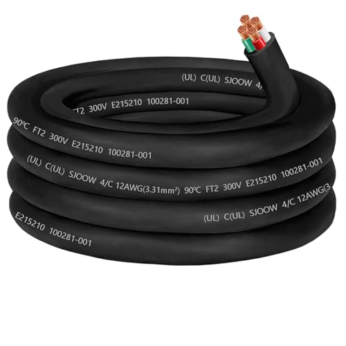 25ft SJOOW 12/4 Wire 12/4 SJOOW Cord 12 Gauge 4 Conductor Wire SJOOW Cable - size: 25 FT, style: 12AWG(4-Conductor)