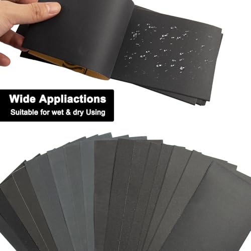 45Pcs Wet Dry Sandpaper, 400/600/ 800/1000/ 1200/1500/ 2000/2500/ 3000 Grit Assorted Sanding Sheets for Automotive Polishing, Metal Sanding, Wood Furniture Finishing, 9 x 3.6 Inch