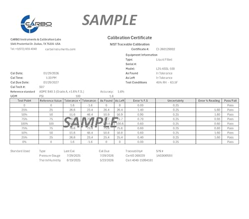 Carbo Liquid Filled Compound Pressure Gauge -30 inHg to 60 PSI with NIST Traceable Certificate, Calibrated in USA Lab, 4" Dial, 1/4 NPT Lower Mount, ASME Grade A, 304 SS Case, Brass Parts, inHg/Bar - size: -30inHg / 0 / +60Psi, style: NIST TRACEABLE