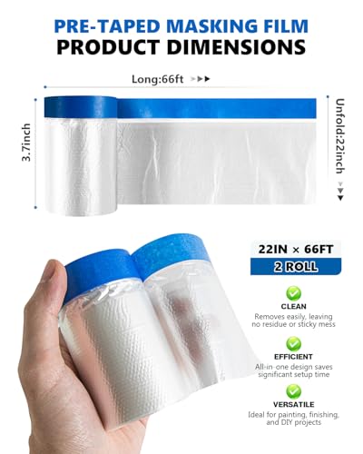 Pre-taped Automotive Masking Film for Painting - 22" x 66' (2 Rolls) - color: White, size: 2 Rolls of 22" x 66'