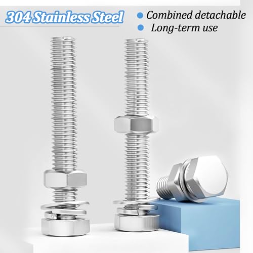 10 Sets1/4-20 × 3" Stainless Steel Hex Head Screws Bolts, Nuts, Flat & Lock Washers,18-8(304) Full Thread - color: Silver-hex, size: 1/4-20×3"(10 sets)
