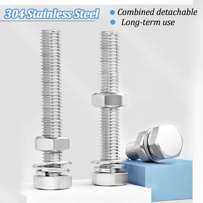 10 Sets1/4-20 × 3" Stainless Steel Hex Head Screws Bolts, Nuts, Flat & Lock Washers,18-8(304) Full Thread - color: Silver-hex, size: 1/4-20×3"(10 sets)