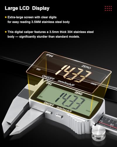 Digital Caliper, Rechargeable Digital Micrometer-IP54 Waterproof, Stainless Steel & Large LCD Screen Caliper Measuring Tool-Inch/Metric/Fraction,6" Calipers-Auto Off for Pros & DIYers - size: 6"-Micro-B