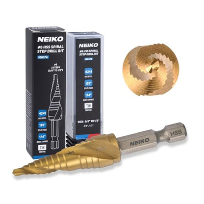 NEIKO 10617A Step Drill Bit, 2 Steps 3/8" to 1/2" Spiral High Speed Steel, Titanium Nitride Coated, 1/4" Quick Change Step Bits for Steel, Metal, Wood, Plastic, Unibit Cone Drill Bits, Two Flute - size: #6 (3/8 - 1/2", 2S), style: Spiral