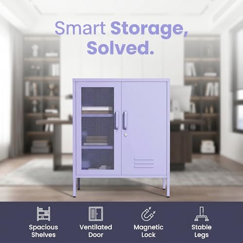 Purple Lockable Mesh & Metal Door Storage Cabinet, 3-Tier Heavy Duty Steel Locker with 2 Adjustable Shelves, Accent Cabinet for Living Room, Home Office, 33" H x 29.5" W x 13.8" D - color: Lilac, style: Cabinet-33"H-SW