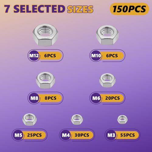 150Pcs Metric 7 Sizes Hex Nut Assortment 304 Stainless Steel - size: 150Pcs M3-M12 Silver