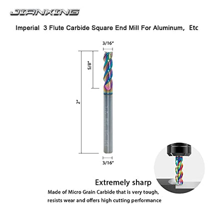 3/16" Carbide Square End Mill, 3 Flute, DLC Coating, 4 Pcs - size: 3/16" (4 Pieces)