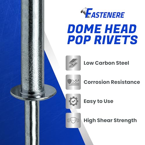 Fastenere Pop Rivets 3/16" x 1-1/4" (50 pcs) Aluminum Body Steel Mandrel, Heavy Duty, Open End, Low Carbon, Dome Head Blind Rivets, Corrosion Resistant & High Shear Strength, 6-20 Gap 1.126" - 1.250" - size: 3/16" x 1-1/4" (6-20) (50 Pack)