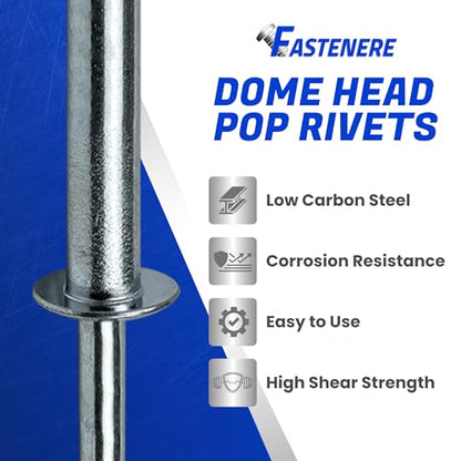 Fastenere Pop Rivets 3/16" x 1-1/4" (50 pcs) Aluminum Body Steel Mandrel, Heavy Duty, Open End, Low Carbon, Dome Head Blind Rivets, Corrosion Resistant & High Shear Strength, 6-20 Gap 1.126" - 1.250" - size: 3/16" x 1-1/4" (6-20) (50 Pack)