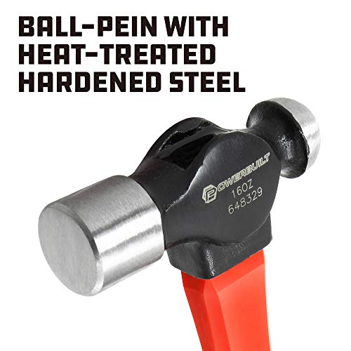 Powerbuilt 16 oz. Ball Pein Hammer with Fiberglass Handle, Shock Resistant and Non-Slip Rubber Handle, Heat-Treated hardened steel - 648329 - size: 16 oz., style: Ball Peen