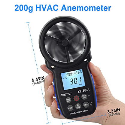 Handheld Anemometer CFM Meter, Kethvoz HVAC Airflow Meter Measure Wind Speed Airflow Monitor Humidity Temperature for Dust Collector AC Air Vent 866A