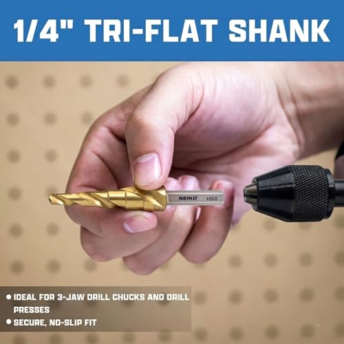 NEIKO 10615A Step Drill Bit, 2 Steps 3/8" to 1/2" Spiral High Speed Steel, Titanium Nitride Coated, 1/4" Tri Flat Step Bits for Steel, Metal, Wood, Plastic, Unibit Cone Drill Bits, Two Flute - size: #6 (3/8 - 1/2", 2S), style: Spiral