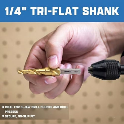 NEIKO 10615A Step Drill Bit, 2 Steps 3/8" to 1/2" Spiral High Speed Steel, Titanium Nitride Coated, 1/4" Tri Flat Step Bits for Steel, Metal, Wood, Plastic, Unibit Cone Drill Bits, Two Flute - size: #6 (3/8 - 1/2", 2S), style: Spiral