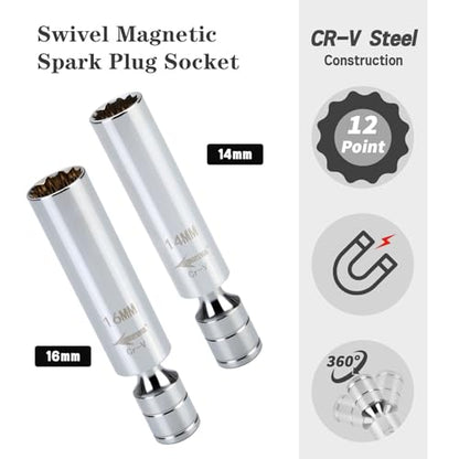 AEROFORCE 14PCS 3/8" Drive Spark Plug Socket Set – Includes 2 Magnetic Sockets (14mm, 16mm) & 5 Rubber-Grip Sockets + Torque Wrench (5-45 Lb.ft), Swivel Joint & Extension Bar – CR-V Steel - size: 14PCS