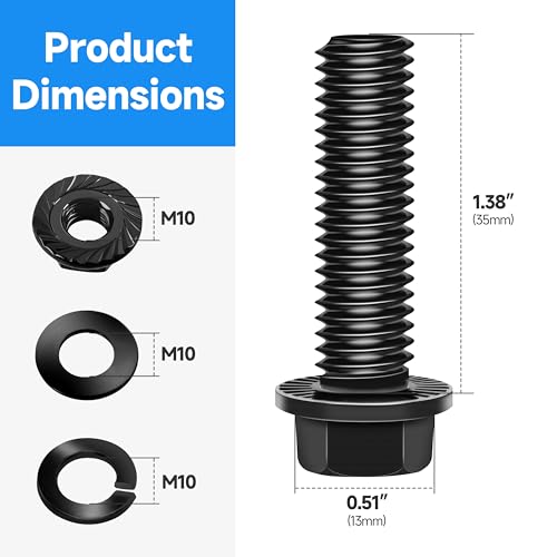 (10Sets) M10 Bolt x 35mm Flanged Hex Head Bolts, External Flange Hex Drive M8 Screws, Class 10.9 Black Zinc Plated Alloy Steel Metric M10x1.5 Bolts Kit - color: Black-M10, size: 35mm