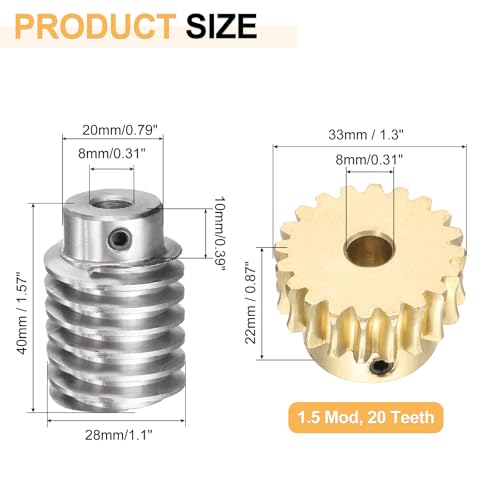 uxcell Worm Gear Set 20T 1.5 Module 20:1 Reduction Rate, Right Rotation Drive Gear Box Wheel Reduce Transmission Part (Brass Gear-8mm Bore, #45 Steel Rod 8mm Bore) - size: 8mm x 8mm