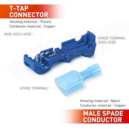 Nilight 120PCS/60 Pairs Blue T-Tap Quick Splice Disconnect Wire Terminals - size: 120Pcs 16-14AWG