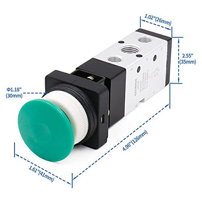 Baomain Pneumatic Mechanical Valve MV522PB 1/4"PT 2 Position 5 Way Momentary Green Mushroom Button Manual Control type Mechanical Valve Pneumatic Control Valve - size: Green Mushroom(5-Way)
