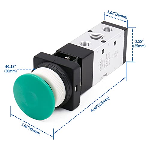Baomain Pneumatic Mechanical Valve MV522PB 1/4"PT 2 Position 5 Way Momentary Green Mushroom Button Manual Control type Mechanical Valve Pneumatic Control Valve (Pack of 4) - size: 36 x 32 x 122 mm (Pack of 4)