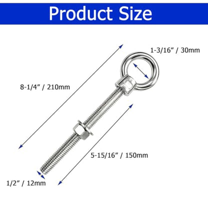 1/2" x 6" Eye Bolts with Washers＆Nuts (5 Pack) - size: 1/2" x 6"