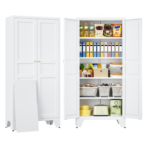 SISESOL Metal Storage Cabinet with Doors and Shelves,White Storage Cabinet with Leg & Vent Hole,Food Pantry Cabinets,5 Tier Metal Pantry,Tall Large Cupboard for Home,Kitchen,Dining/Living/Laundry Room - color: White, size: 61"H
