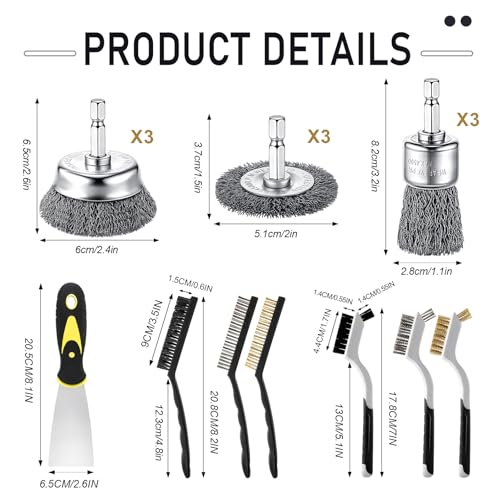 Bokon 16 Pcs Carbon Wire Wheel Brush Set Wire Brush for Drill Bit Nylon/Brass/Stainless Steel Bristle Cleaning Supply Tool Brushes 1/4" Hex Handle for Removing Scrubbing Rust Dirt Kitchen Paint Home