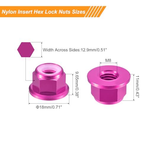 uxcell Nylon Insert Hex Lock Nuts, 10pcs - M8 x 1.25mm Aluminum Alloy Self-Locking Nut, Anodizing Flange Lock Nut for Fasteners(Pink) - size: M8 x 1.25mm