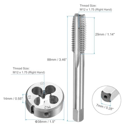 uxcell 3pcs Metric Hand Tap and Die Set, M12 x 1.75 Taper/Plug Thread Taps & Round Die, Hand Threading Tapping Tool Kit for Thread Repair - size: M12 x 1.75