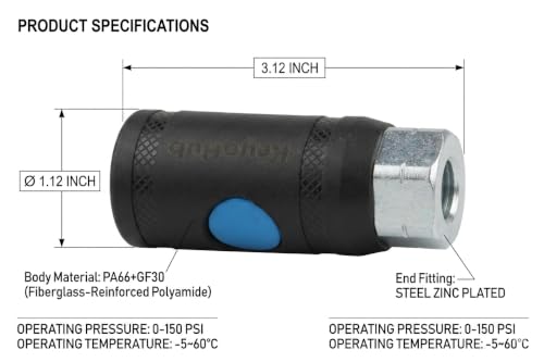 Push Button Safety 1/4 Inch Air Hose Fitting, 5 Pieces