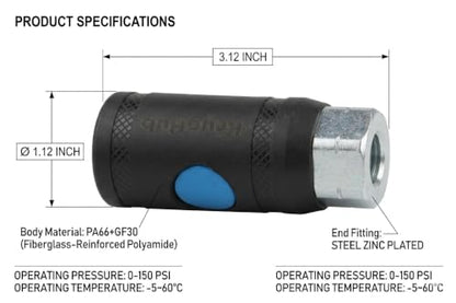 Push Button Safety 1/4 Inch Air Hose Fitting, 5 Pieces