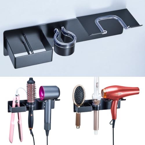 Hair Dryer Holder Wall Mount Curling Iron Holder Flat Iron Holder, Blow Dryer Holder Wall, 3 in 1 Bathroom Hair Tool Organizer Rack for Universal Hairdryer Straightener Curlings (Black) - color: Black