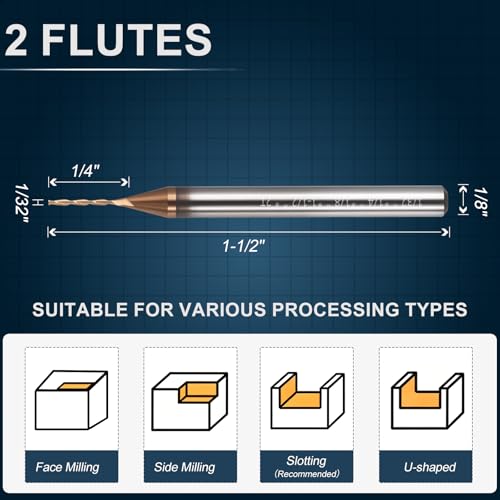 1/32" Carbide End Mill 2 Flute 1/4" Cut L, 1-1/2" L, 1/8" Shank - size: 1/32" Dia - 1/4" CL - 1-1/2" L - 1/8" Shank
