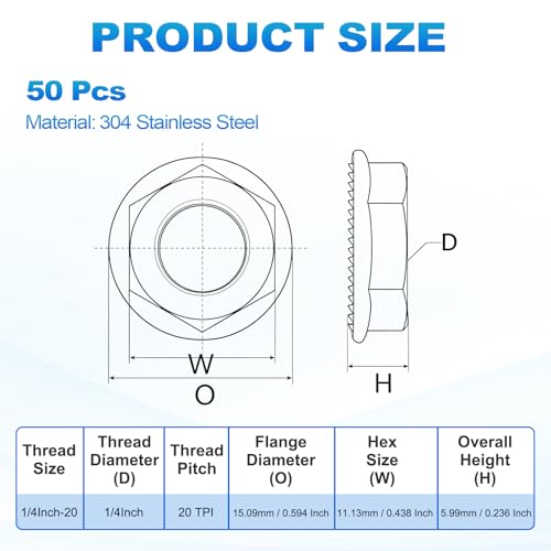 50Pcs Serrated Flange Hex Nuts-1/4-20-UNC 304 SS - color: Silver, size: 1/4"-20