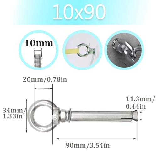2 Pcs M10x90mm Expansion Eye Bolt 304 Stainless Steel Heavy Duty Lifting Ring Anchor Bolt Closed Hook Durable Wall Fastener Mounting Hanging Rigging Hardware for Concrete(M10*90MM) - size: M10*90MM, style: Style-109