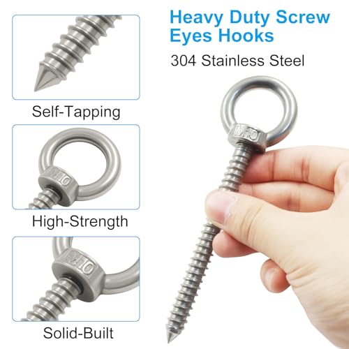 4pcs Heavy Duty Screw Eye Hooks M10-5.7 Inch Self Tapping Stainless Steel Eyelet Screw with 850 LBS Load Capacity for Hanging, Hammock & Swing Chair - size: 5.7 Inch