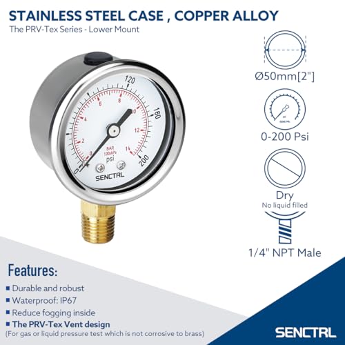 SENCTRL 0-200 Psi Pressure Gauge, 1/4" NPT Lower Mount - size: 0-200Psi, style: Lower Mount